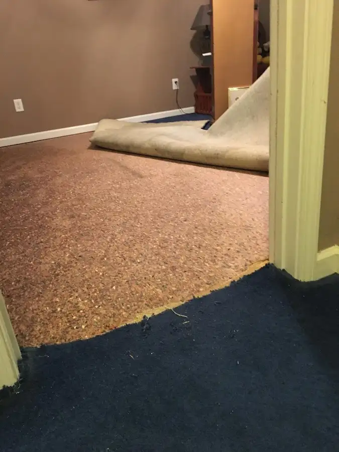 Carpet pad removal revealing water damage during Drying & Dehumidification in San Gabriel
